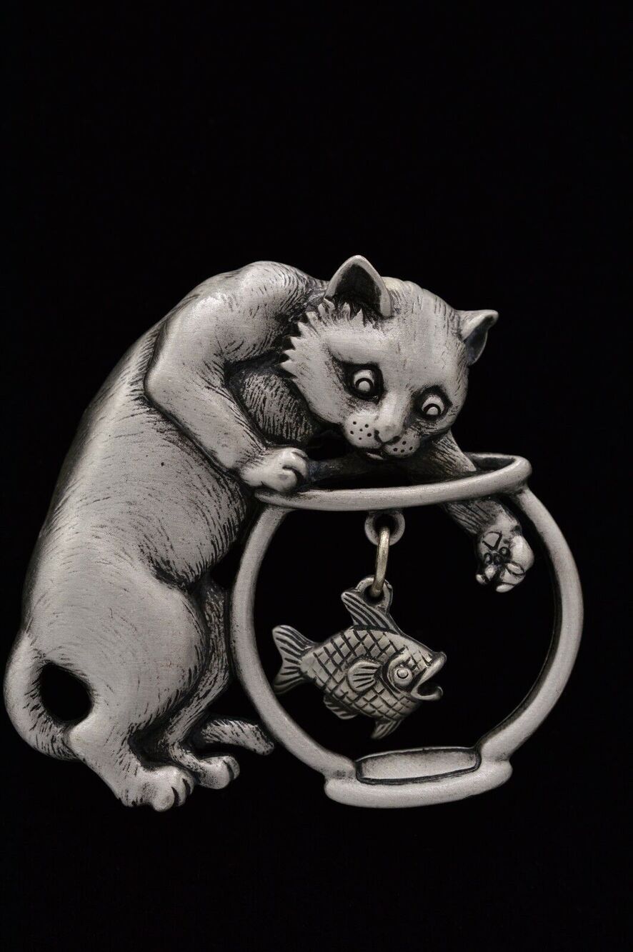 JJ Cat Pin Brooch Brushed Silver Pewter Fish Bowl Dangling Vintage Signed Bin4